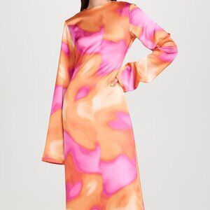 Orire Pink Orange Long Sleeve Aqua Print Dress